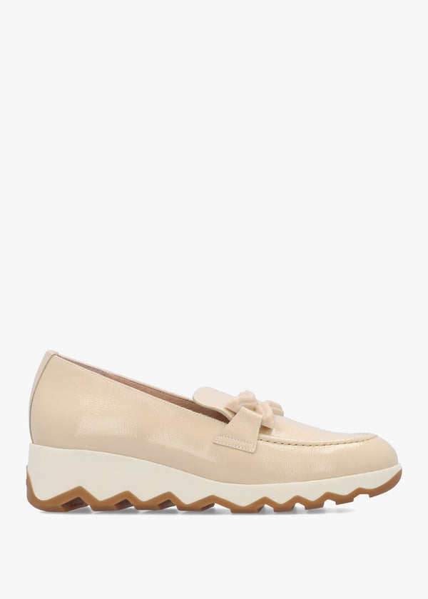Simon Beige Patent Leather Low Wedge Loafers