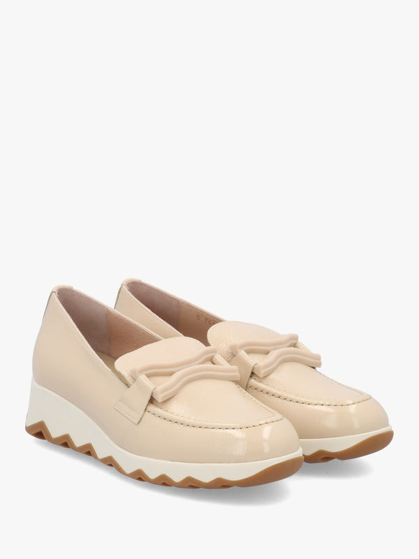 Simon Beige Patent Leather Low Wedge Loafers