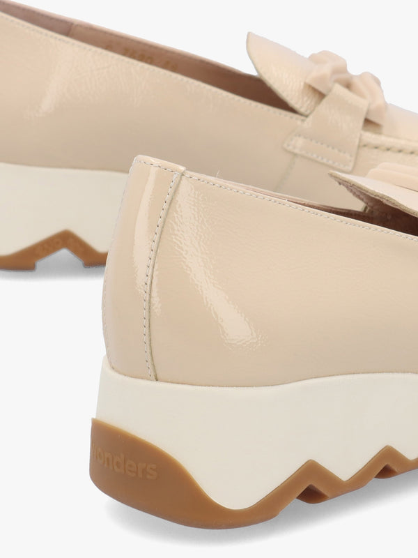 Simon Beige Patent Leather Low Wedge Loafers