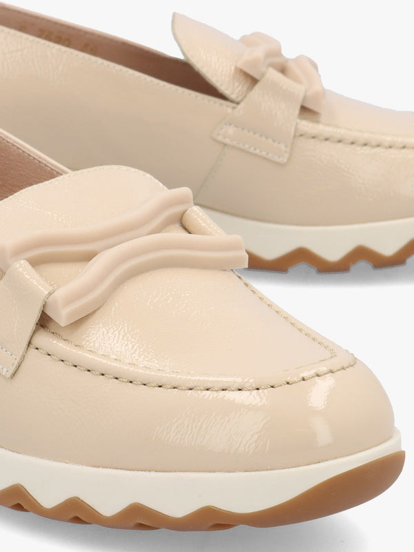 Simon Beige Patent Leather Low Wedge Loafers