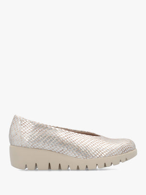 Flyer Champagne Leather Snake Print Low Wedge Court Shoes