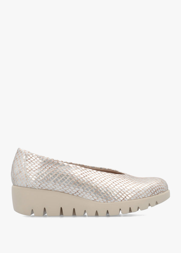Flyer Champagne Leather Snake Print Low Wedge Court Shoes
