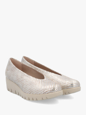 Flyer Champagne Leather Snake Print Low Wedge Court Shoes