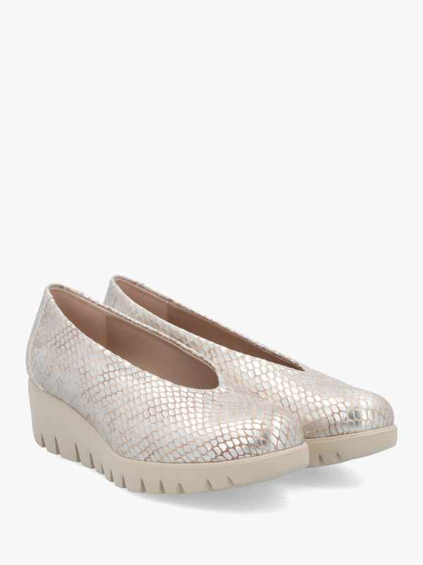 Flyer Champagne Leather Snake Print Low Wedge Court Shoes