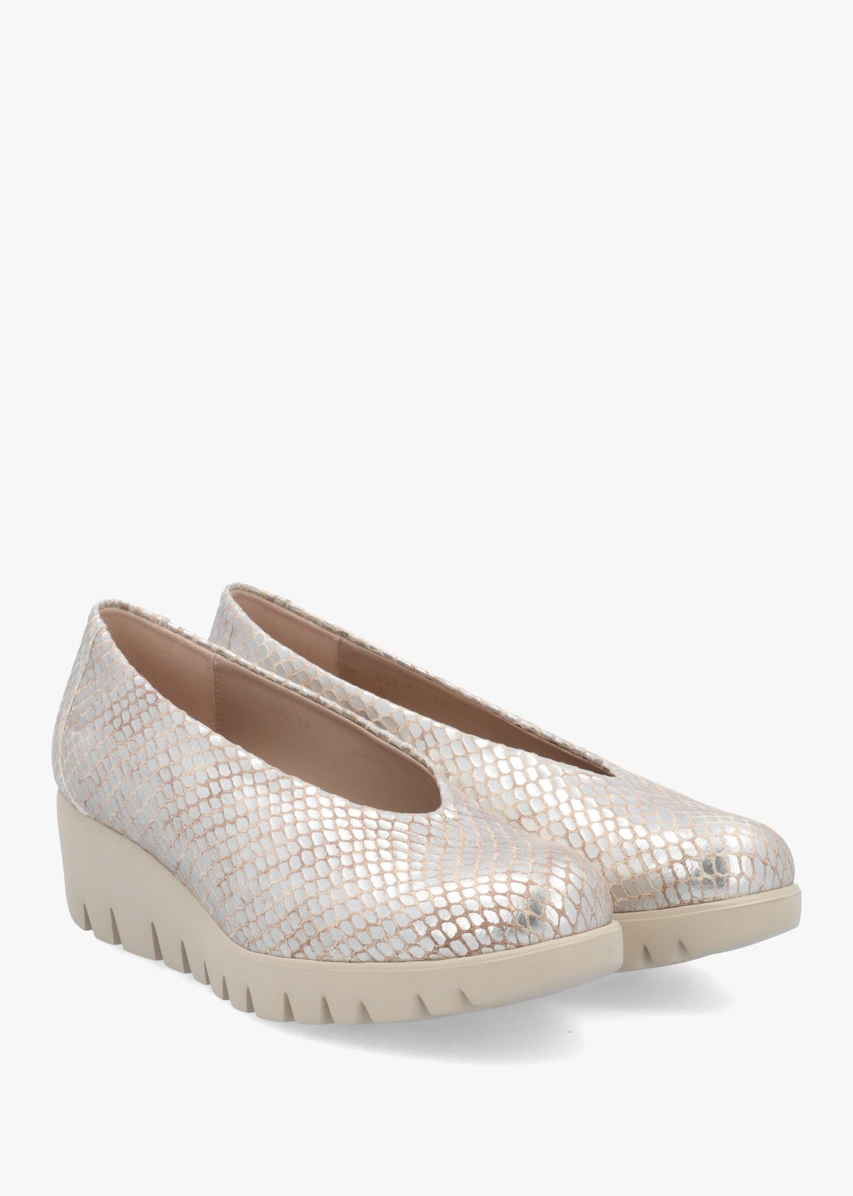 Flyer Champagne Leather Snake Print Low Wedge Court Shoes