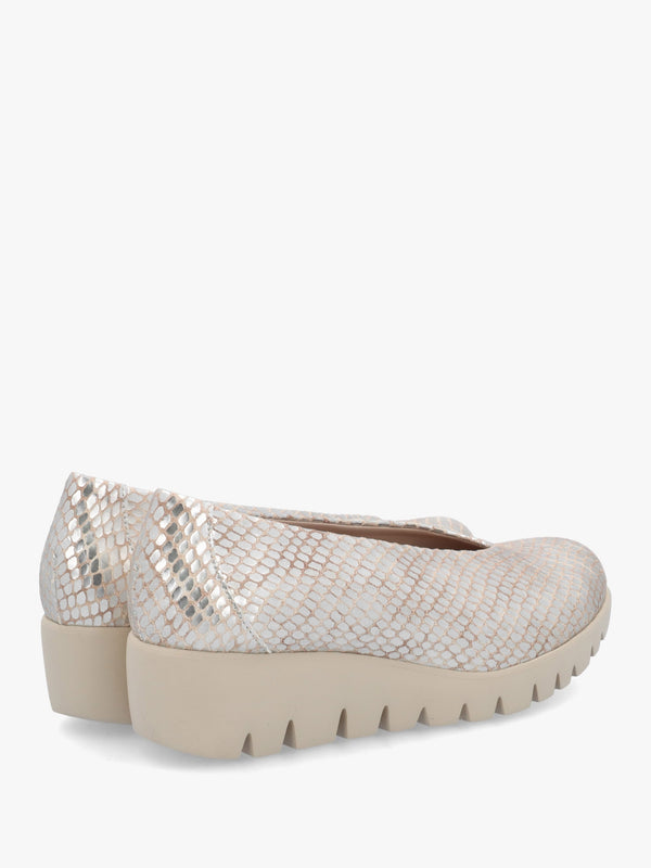 Flyer Champagne Leather Snake Print Low Wedge Court Shoes