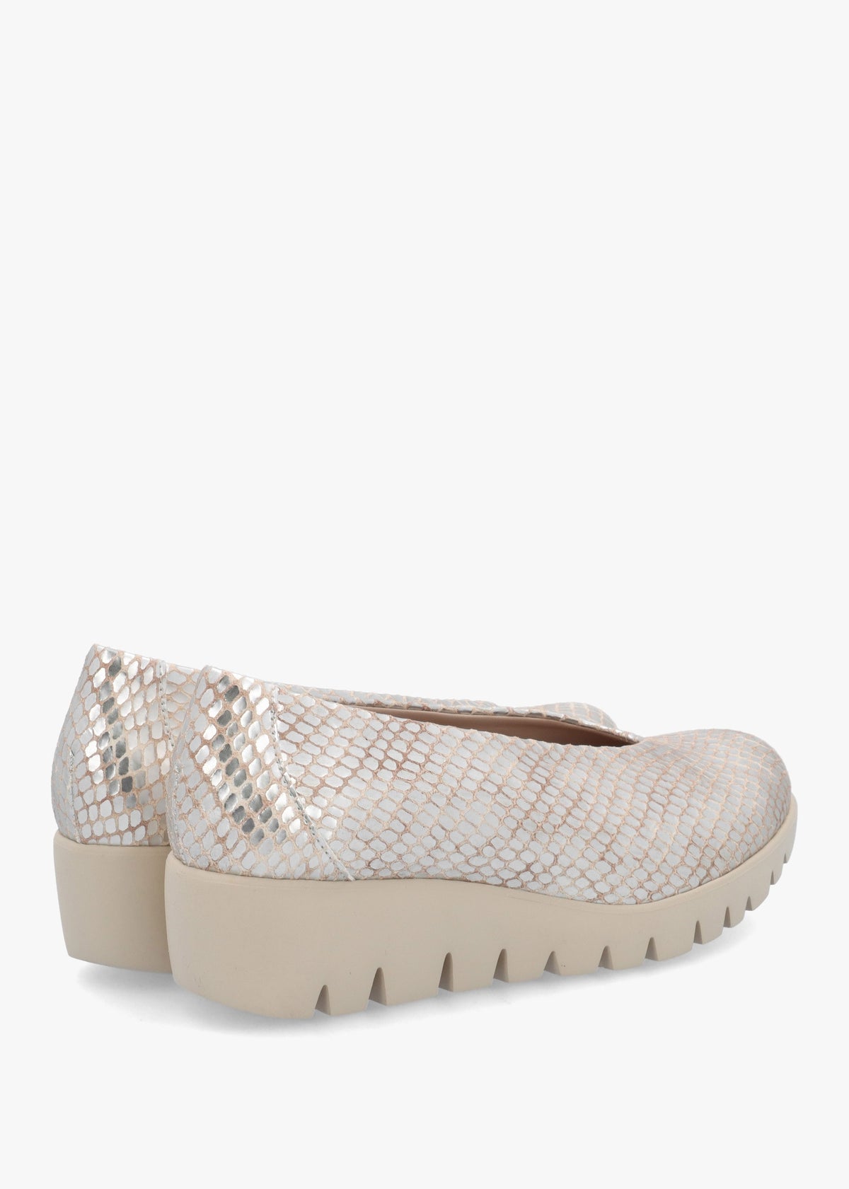Flyer Champagne Leather Snake Print Low Wedge Court Shoes