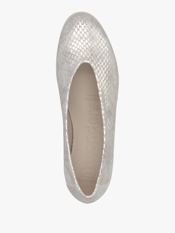 Flyer Champagne Leather Snake Print Low Wedge Court Shoes