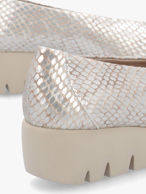 Flyer Champagne Leather Snake Print Low Wedge Court Shoes