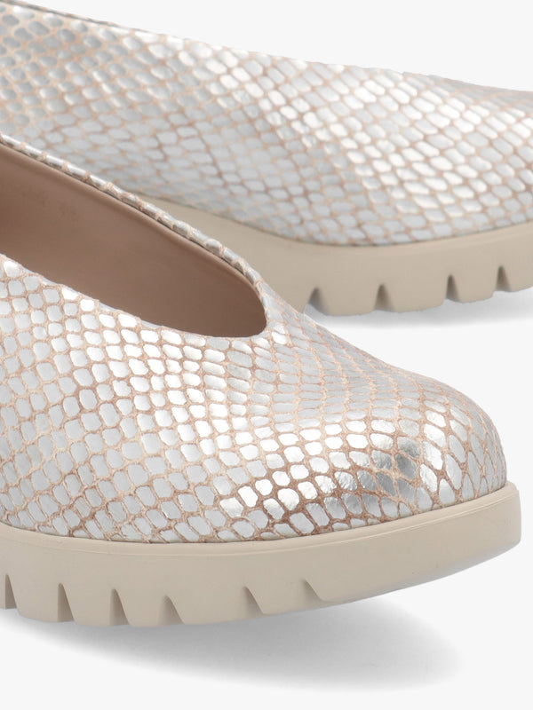 Flyer Champagne Leather Snake Print Low Wedge Court Shoes