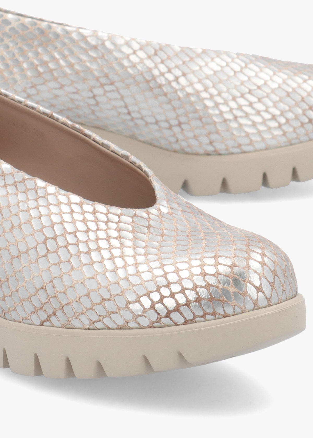 Flyer Champagne Leather Snake Print Low Wedge Court Shoes