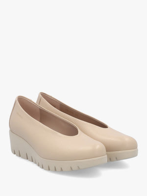 Flyer Beige Leather Low Wedge Court Shoes