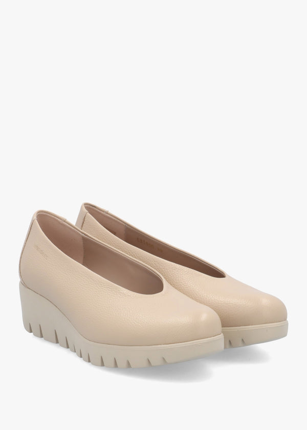 Flyer Beige Leather Low Wedge Court Shoes