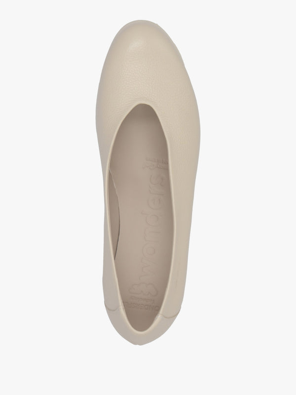 Flyer Beige Leather Low Wedge Court Shoes