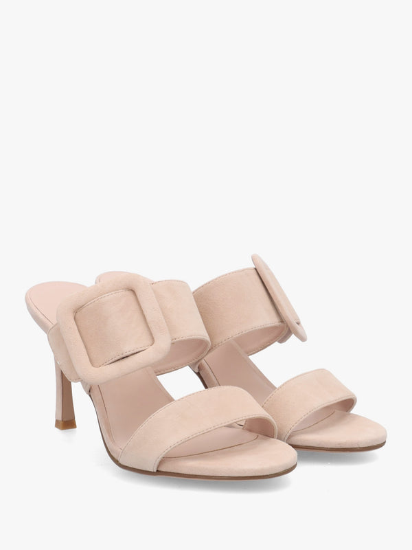 Eilish Nude Suede Buckle Heeled Mules