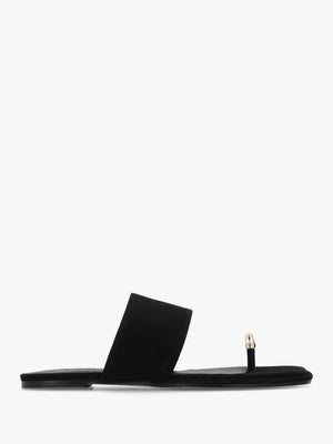 Eloop Black Suede Ring Toe Post Flat Sandals