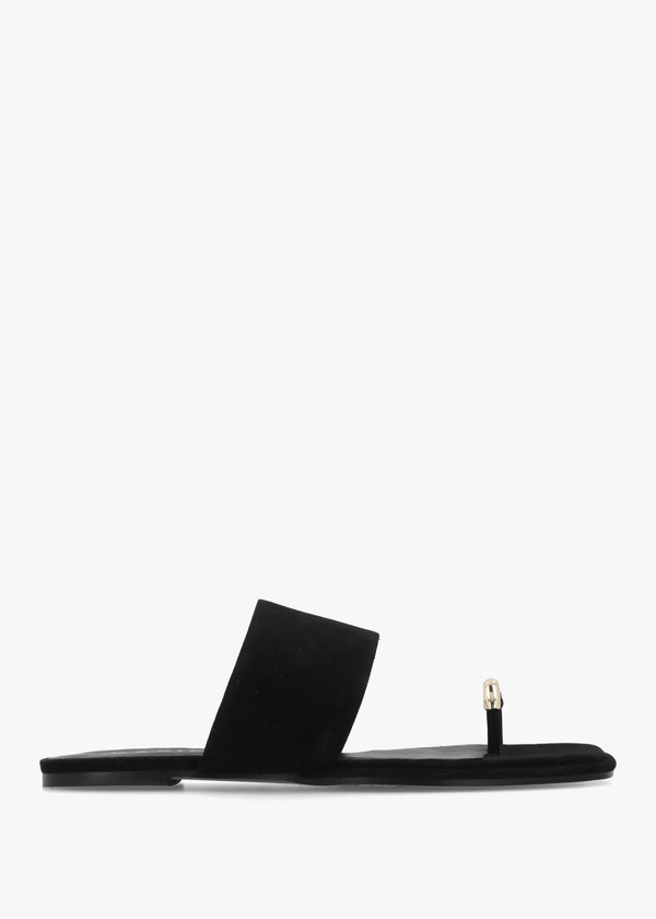 Eloop Black Suede Ring Toe Post Flat Sandals