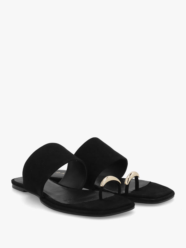 Eloop Black Suede Ring Toe Post Flat Sandals