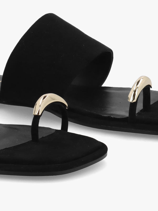 Eloop Black Suede Ring Toe Post Flat Sandals