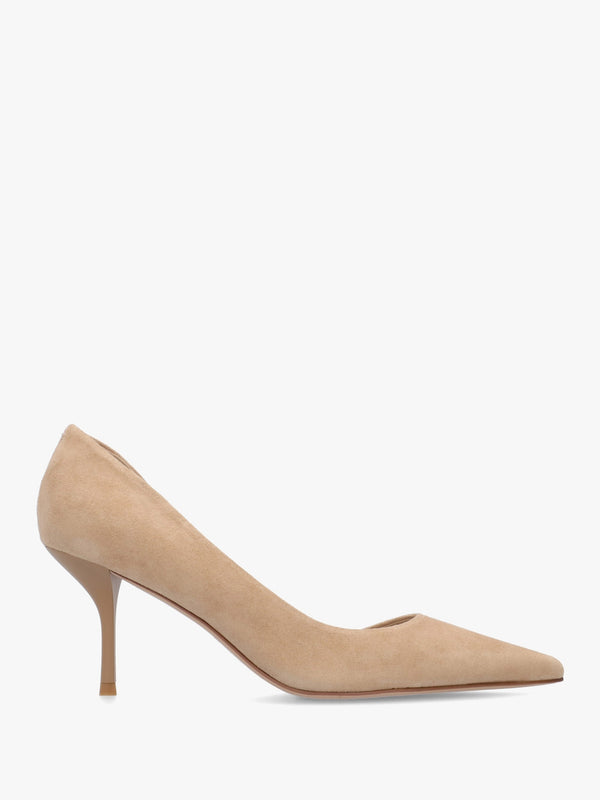 Emma D’Orsay Beige Suede Mid Heel Court Shoes