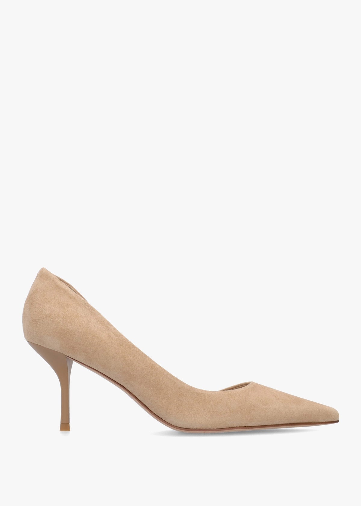 Emma D’Orsay Beige Suede Mid Heel Court Shoes