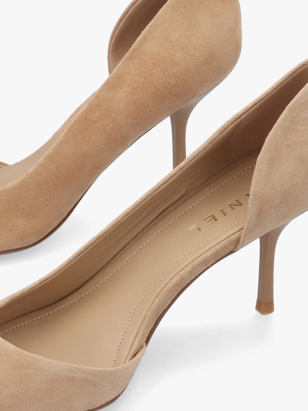 Emma D’Orsay Beige Suede Mid Heel Court Shoes