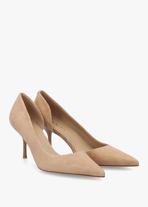 Emma D’Orsay Beige Suede Mid Heel Court Shoes