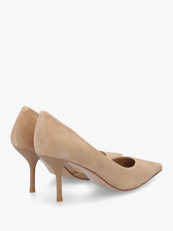 Emma D’Orsay Beige Suede Mid Heel Court Shoes