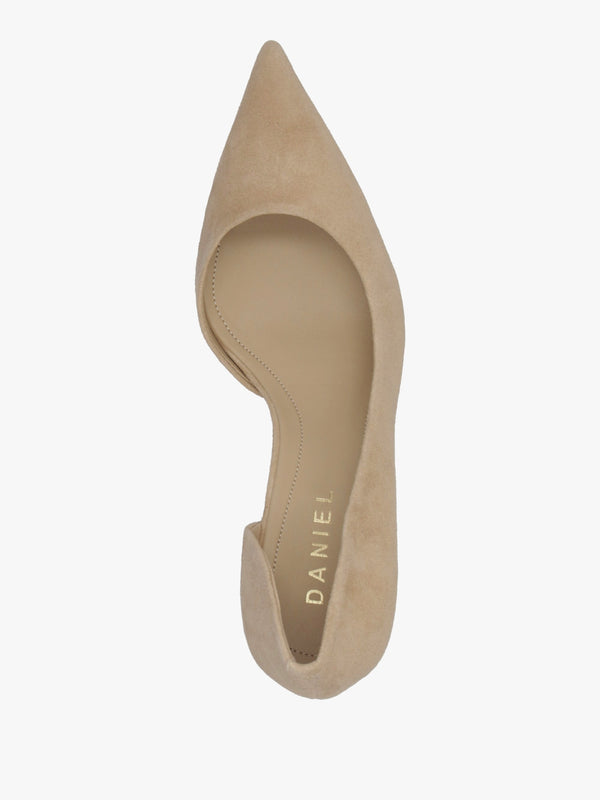 Emma D’Orsay Beige Suede Mid Heel Court Shoes