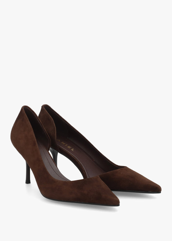 Emma D’Orsay Brown Suede Mid Heel Court Shoes