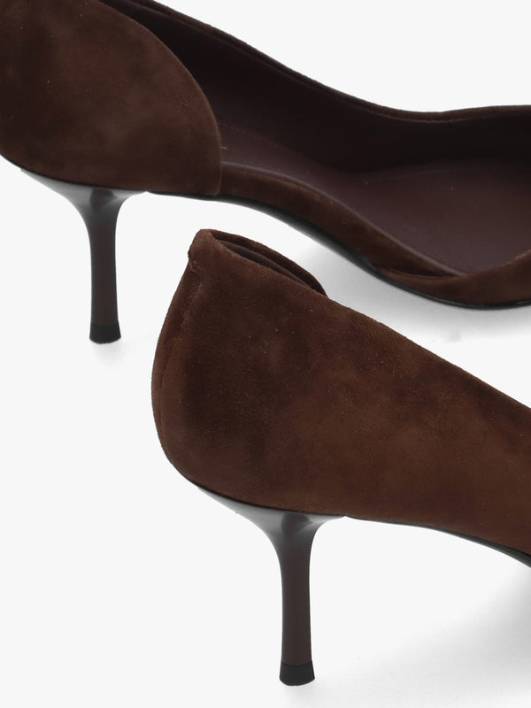 Emma D’Orsay Brown Suede Mid Heel Court Shoes