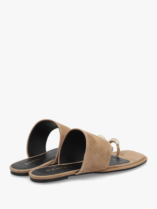Eloop Beige Suede Ring Toe Post Flat Sandals
