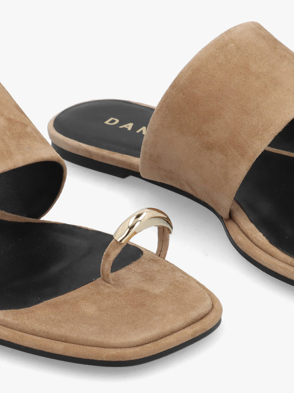 Eloop Beige Suede Ring Toe Post Flat Sandals