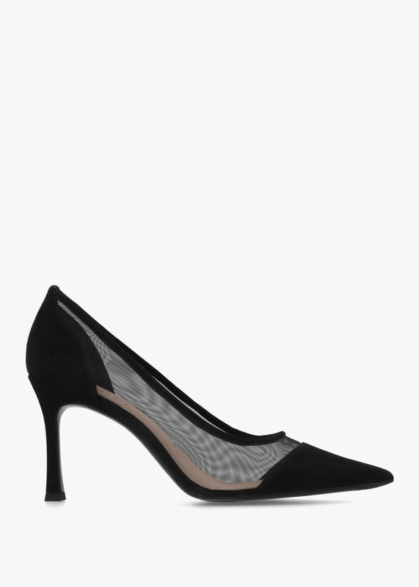 Elphaba Black Suede & Mesh Heeled Court Shoes