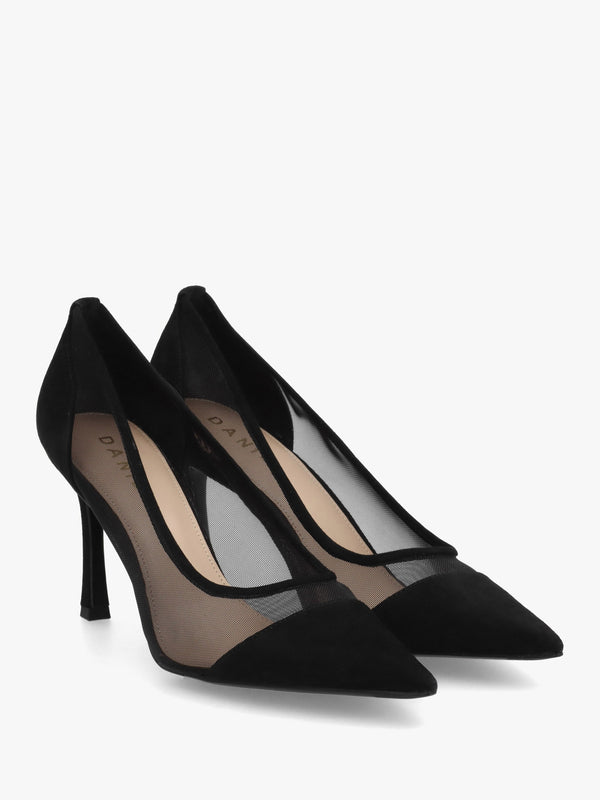 Elphaba Black Suede & Mesh Heeled Court Shoes