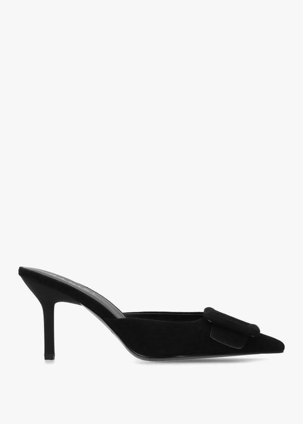 Etta Black Suede Buckle Trim Heeled Mules