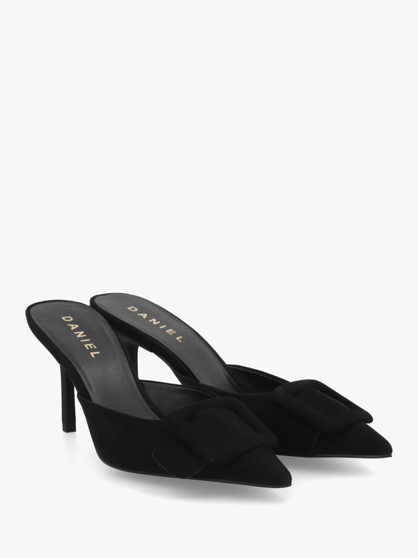 Etta Black Suede Buckle Trim Heeled Mules