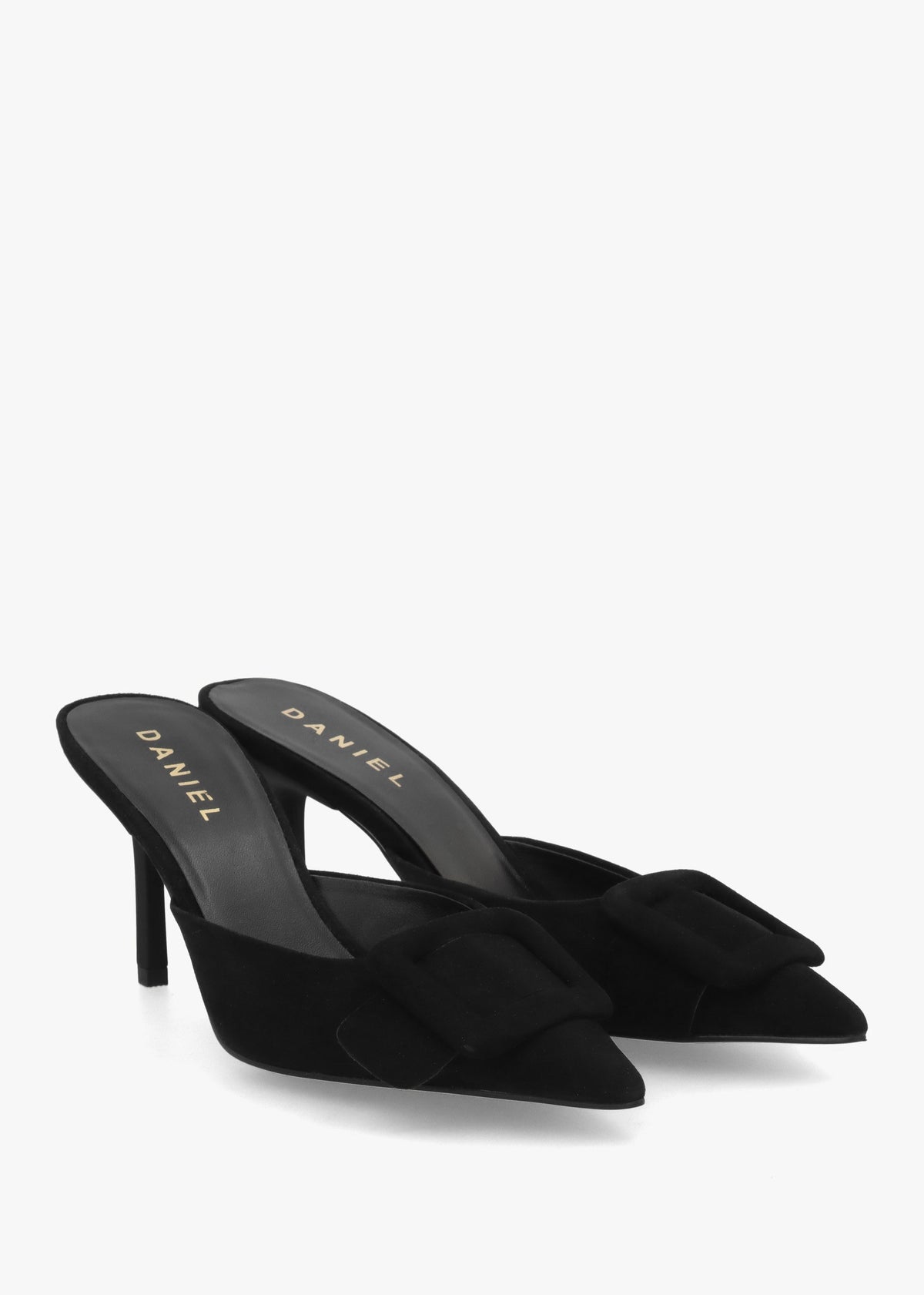 Etta Black Suede Buckle Trim Heeled Mules