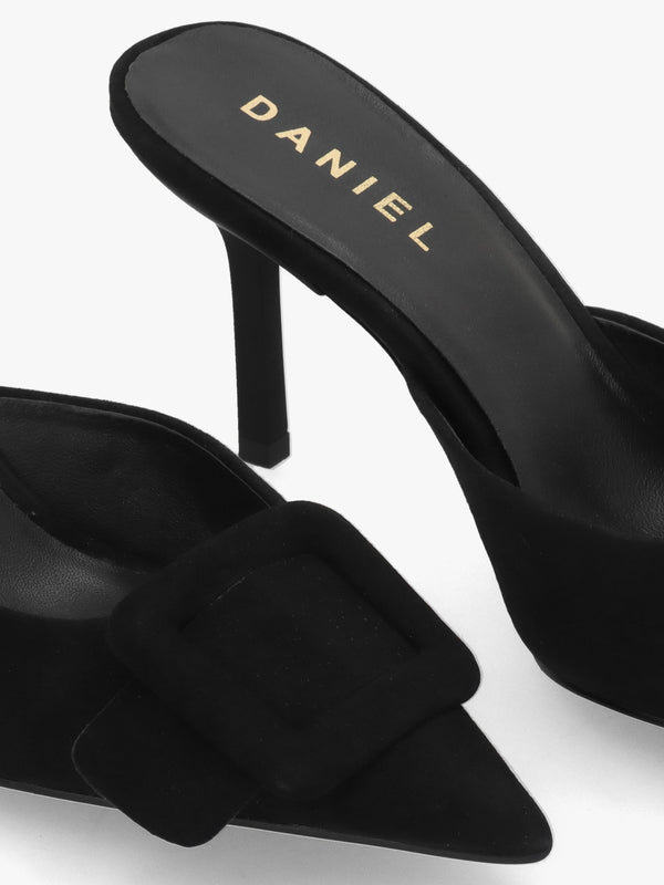 Etta Black Suede Buckle Trim Heeled Mules