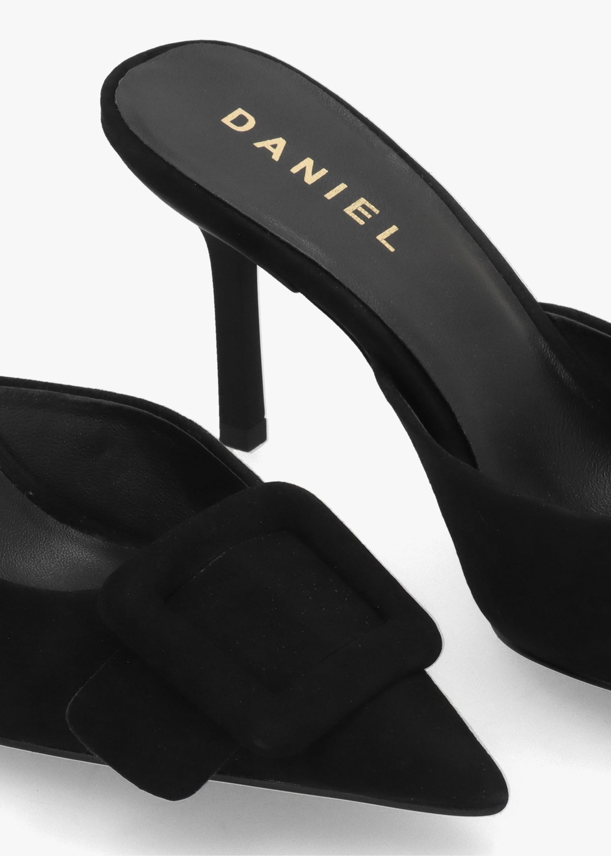 Etta Black Suede Buckle Trim Heeled Mules