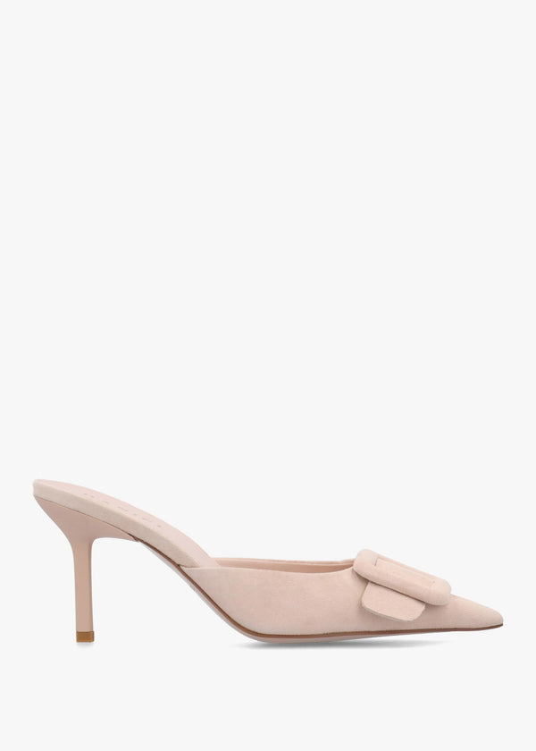 Etta Nude Suede Buckle Trim Heeled Mules