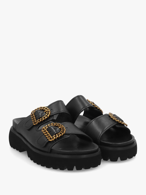 Annes Black Leather Chunky Mules