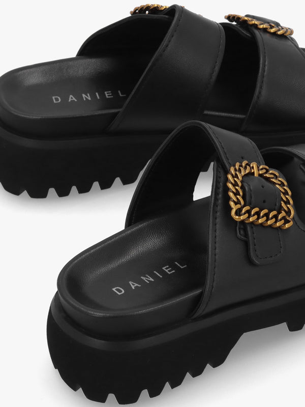 Annes Black Leather Chunky Mules