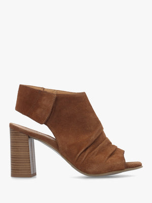 Moochy Tan Suede Ruched Block Heel Sandals