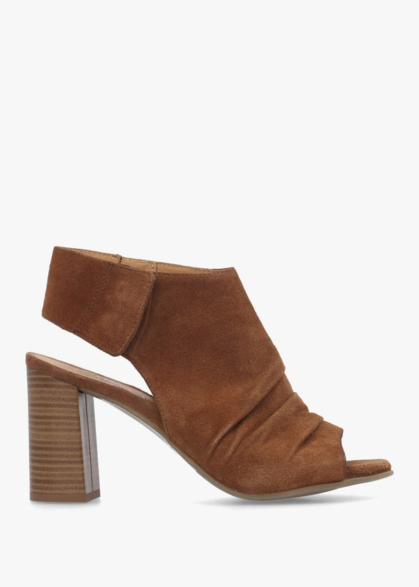 Moochy Tan Suede Ruched Block Heel Sandals