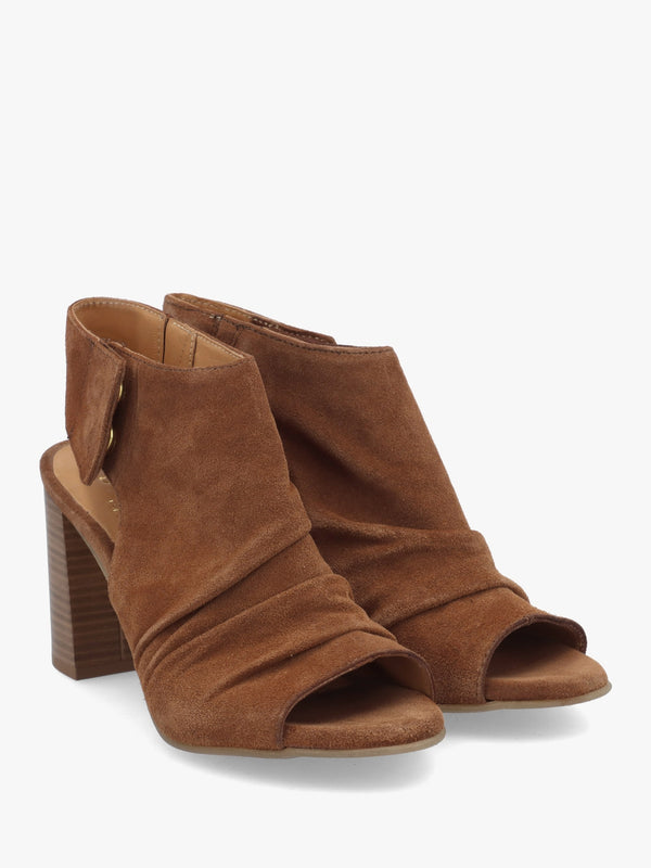 Moochy Tan Suede Ruched Block Heel Sandals