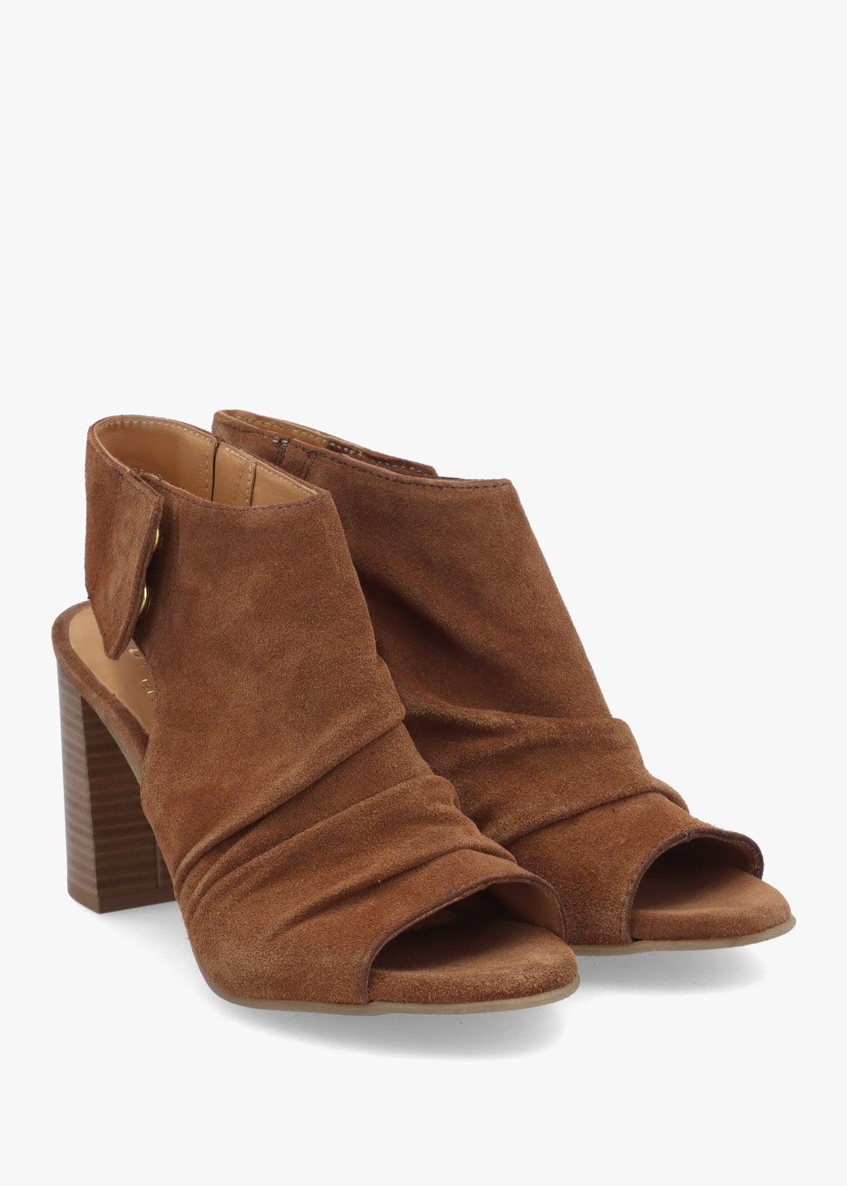 Moochy Tan Suede Ruched Block Heel Sandals