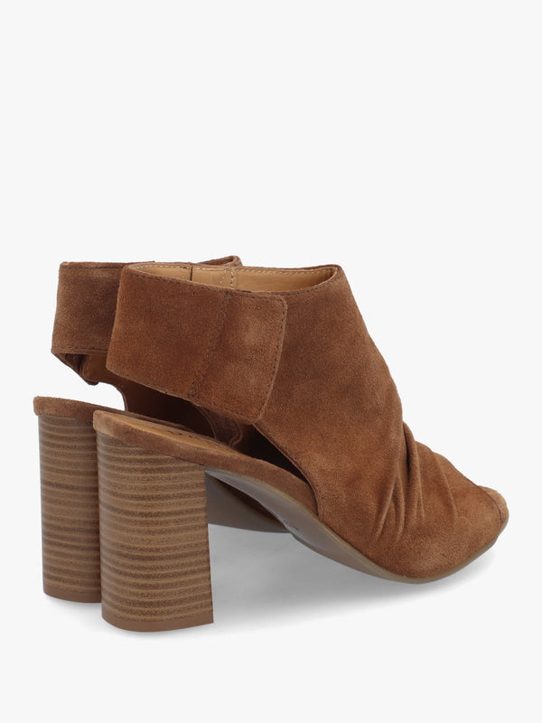 Moochy Tan Suede Ruched Block Heel Sandals