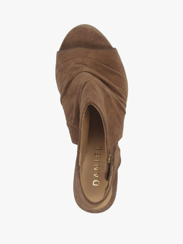 Moochy Tan Suede Ruched Block Heel Sandals