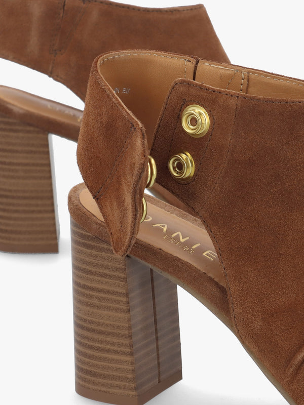 Moochy Tan Suede Ruched Block Heel Sandals